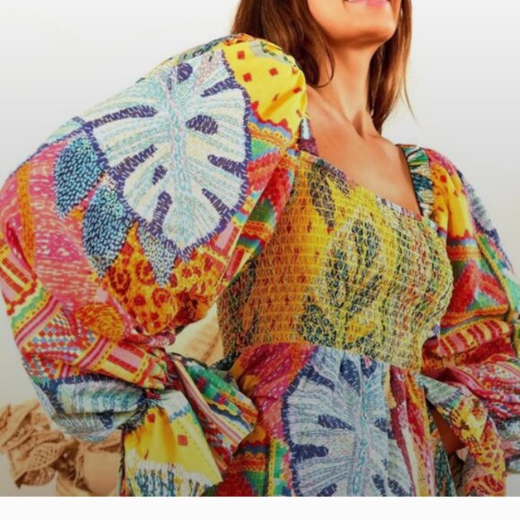 Farm Rio Summer Tapestry Smocked Minidress Artsy Tropical Cottagecore Dopamine - Picture 2 of 13